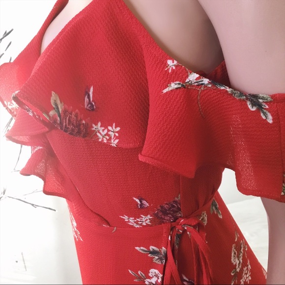 Off Shoulder Floral Wrap Butterfly Red Midi Dress - Picture 7 of 9